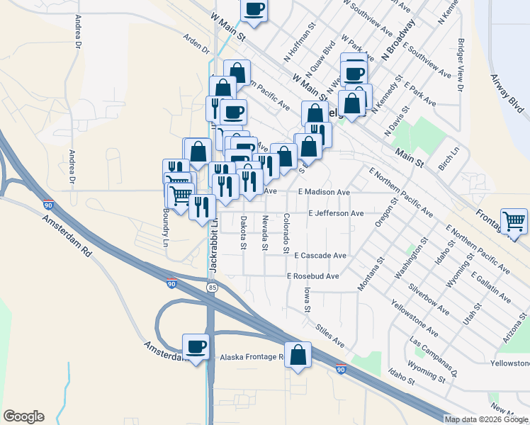 map of restaurants, bars, coffee shops, grocery stores, and more near 90 West Madison Avenue in Belgrade