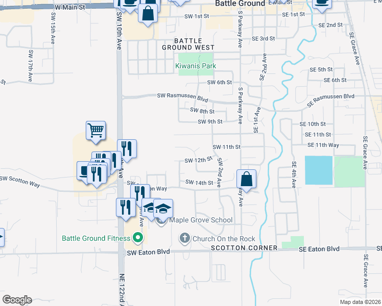 map of restaurants, bars, coffee shops, grocery stores, and more near 403 Southwest 11th Street in Battle Ground