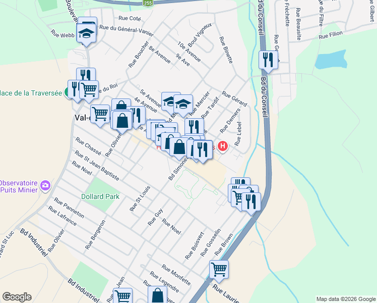 map of restaurants, bars, coffee shops, grocery stores, and more near 325 Boulevard Simoneau in Val-des-Sources