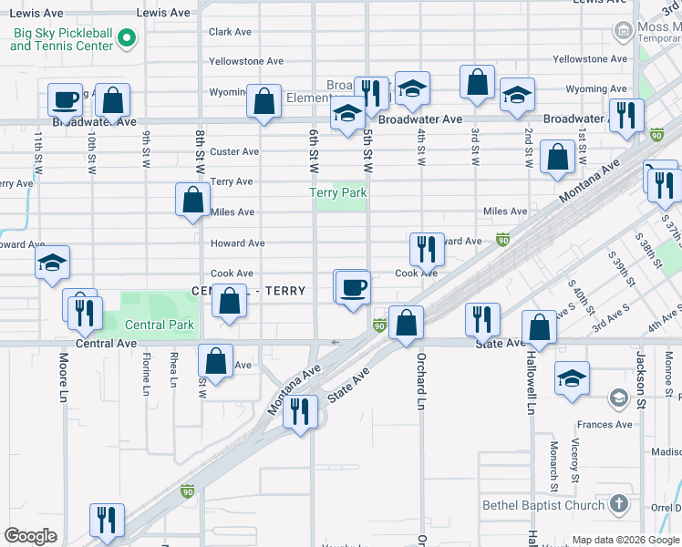 map of restaurants, bars, coffee shops, grocery stores, and more near 533 Cook Avenue in Billings