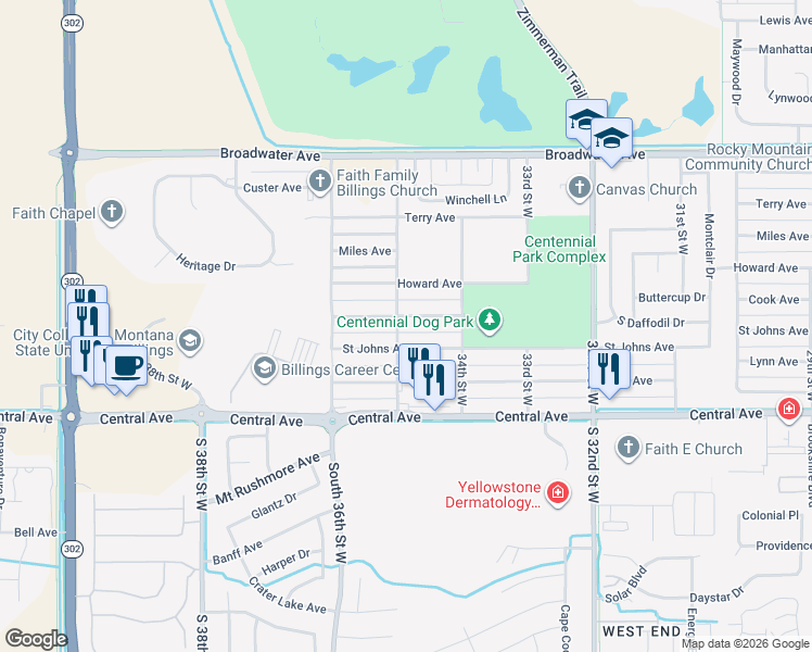 map of restaurants, bars, coffee shops, grocery stores, and more near 301 35th St W in Billings
