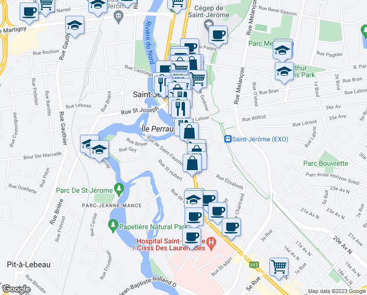 map of restaurants, bars, coffee shops, grocery stores, and more near 124 Rue Saint Ignace in Saint-Jérôme