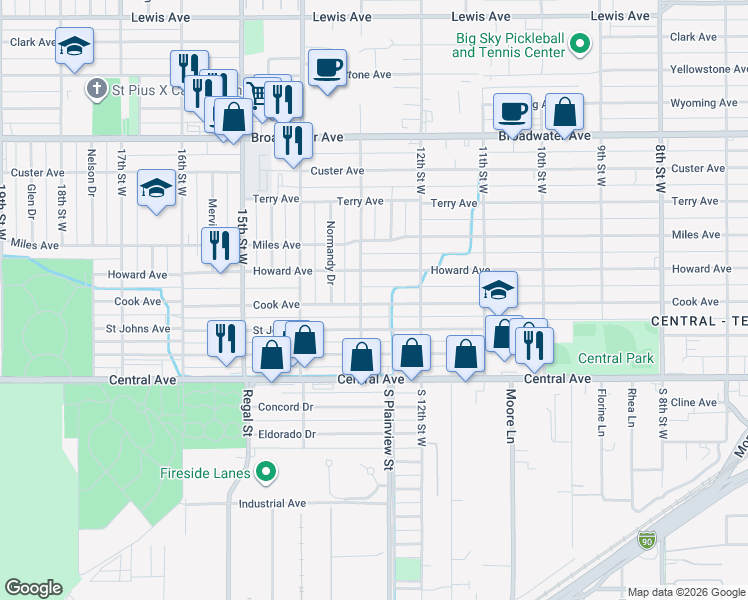 map of restaurants, bars, coffee shops, grocery stores, and more near 1219 Cook Avenue in Billings