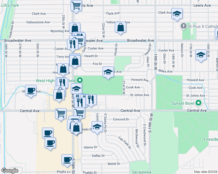 map of restaurants, bars, coffee shops, grocery stores, and more near 2201 Saint Johns Avenue in Billings