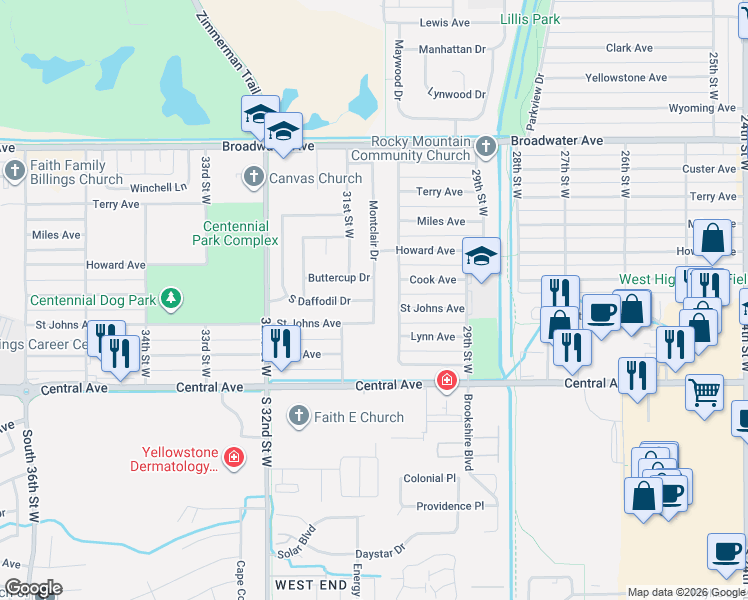 map of restaurants, bars, coffee shops, grocery stores, and more near 258 Montclair Drive in Billings