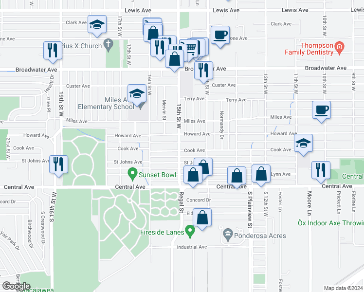 map of restaurants, bars, coffee shops, grocery stores, and more near 201 15th Street West in Billings