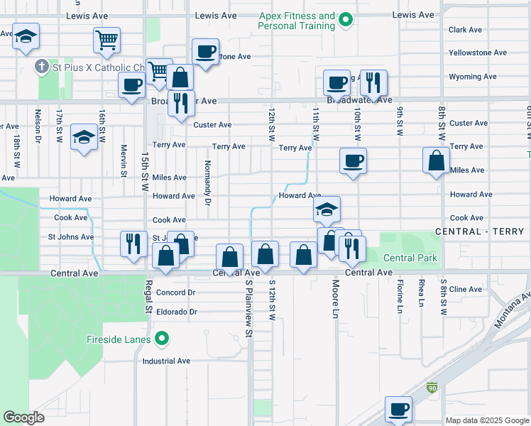map of restaurants, bars, coffee shops, grocery stores, and more near 214 12th Street West in Billings
