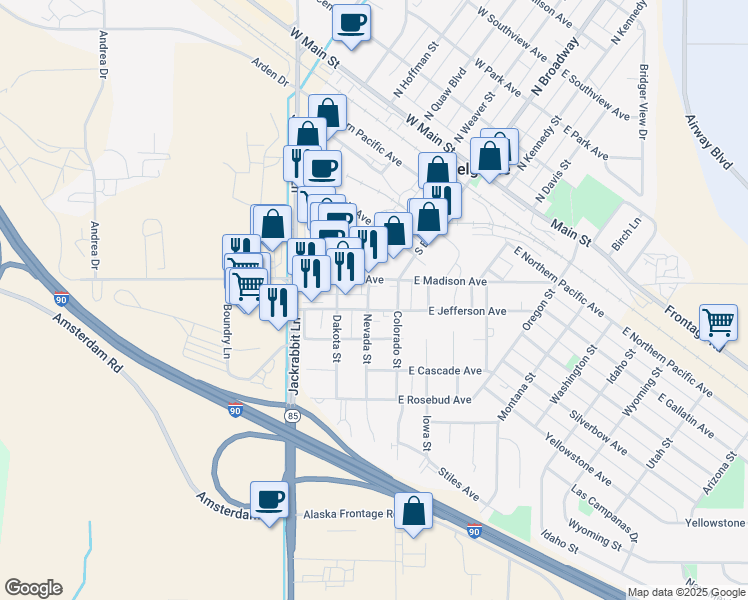 map of restaurants, bars, coffee shops, grocery stores, and more near 90 West Madison Avenue in Belgrade
