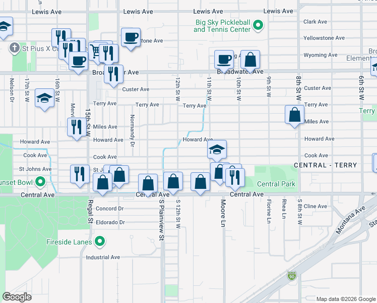 map of restaurants, bars, coffee shops, grocery stores, and more near 1121 Cook Avenue in Billings