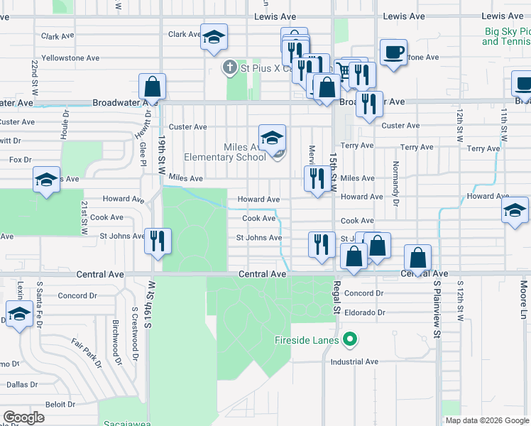 map of restaurants, bars, coffee shops, grocery stores, and more near 1623 Cook Avenue in Billings