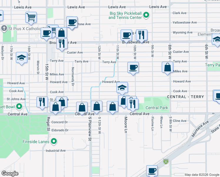 map of restaurants, bars, coffee shops, grocery stores, and more near 1121 Cook Avenue in Billings
