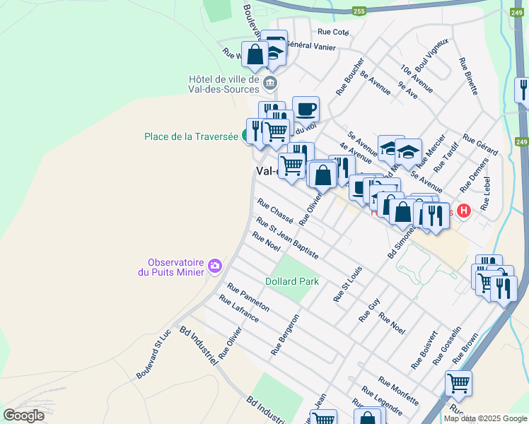 map of restaurants, bars, coffee shops, grocery stores, and more near 225 Rue Saint Jean Baptiste in Asbestos