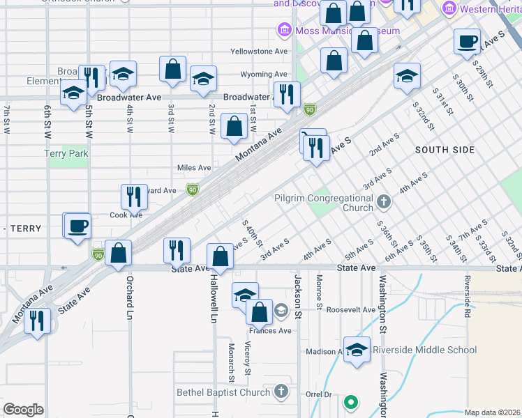map of restaurants, bars, coffee shops, grocery stores, and more near 3920 1st Avenue South in Billings