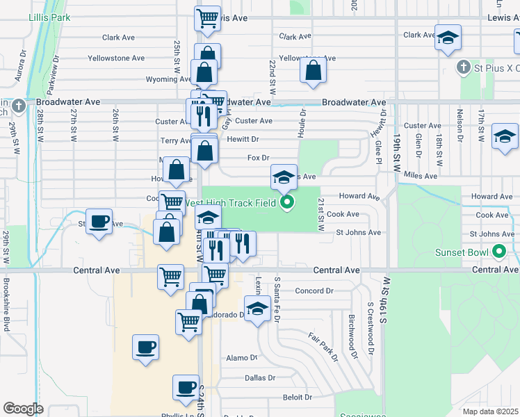 map of restaurants, bars, coffee shops, grocery stores, and more near 2201 Saint Johns Avenue in Billings