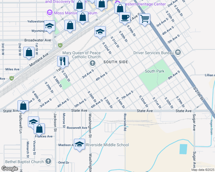 map of restaurants, bars, coffee shops, grocery stores, and more near 503 South 34th Street in Billings