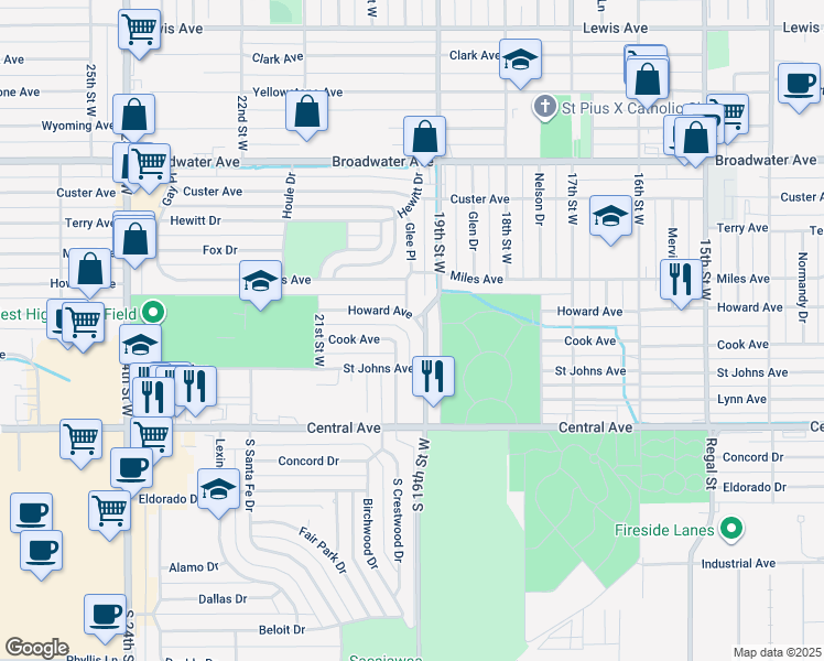 map of restaurants, bars, coffee shops, grocery stores, and more near 1920 Howard Avenue in Billings