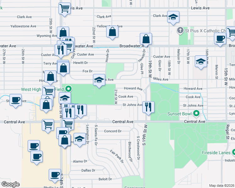 map of restaurants, bars, coffee shops, grocery stores, and more near 2039 Cook Avenue in Billings