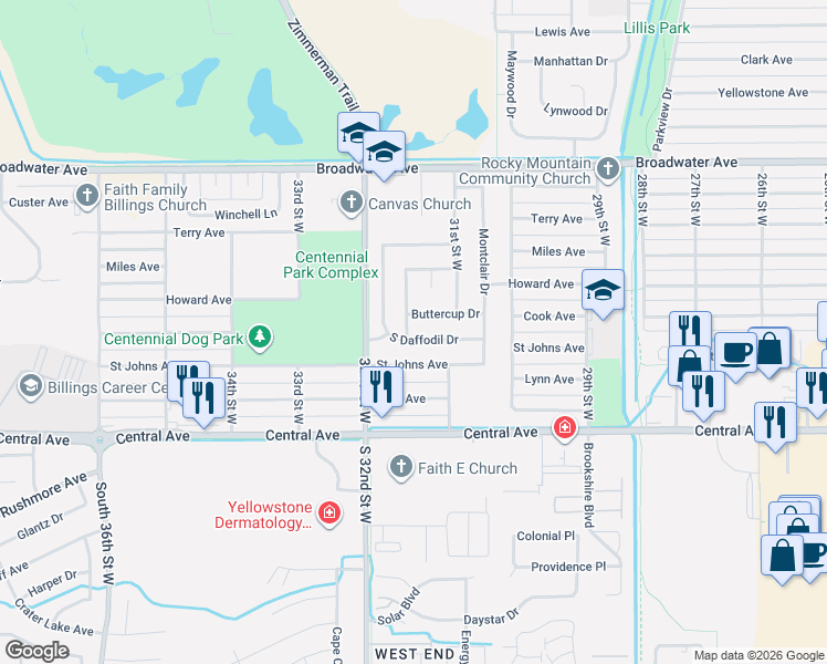 map of restaurants, bars, coffee shops, grocery stores, and more near 332 Morning Glory Dr in Billings