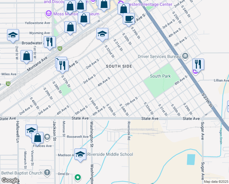 map of restaurants, bars, coffee shops, grocery stores, and more near 503 South 34th Street in Billings
