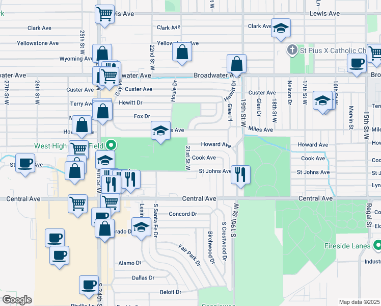 map of restaurants, bars, coffee shops, grocery stores, and more near 2039 Cook Avenue in Billings