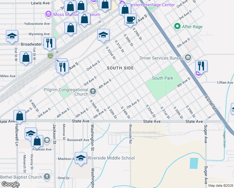 map of restaurants, bars, coffee shops, grocery stores, and more near 503 South 34th Street in Billings