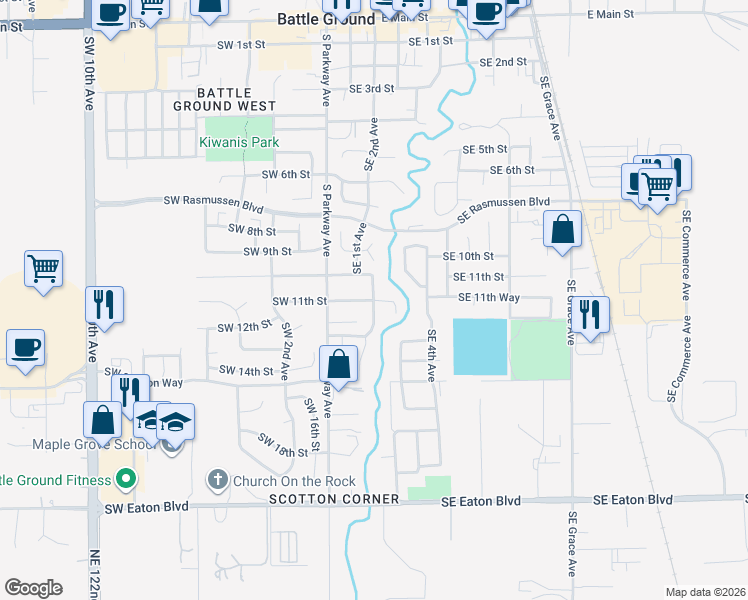 map of restaurants, bars, coffee shops, grocery stores, and more near 108 Southeast 11th Circle in Battle Ground