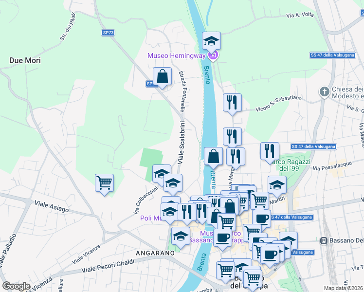 map of restaurants, bars, coffee shops, grocery stores, and more near 101 Strada Fontanelle in Bassano del Grappa