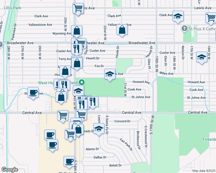map of restaurants, bars, coffee shops, grocery stores, and more near 2201 Saint Johns Avenue in Billings