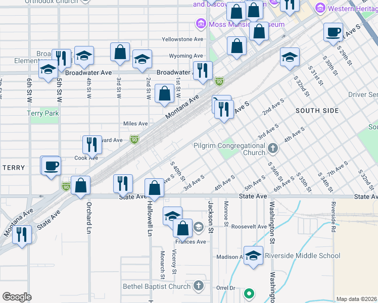 map of restaurants, bars, coffee shops, grocery stores, and more near 3920 1st Avenue South in Billings