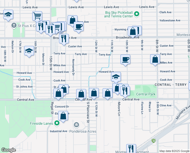 map of restaurants, bars, coffee shops, grocery stores, and more near 214 12th Street West in Billings