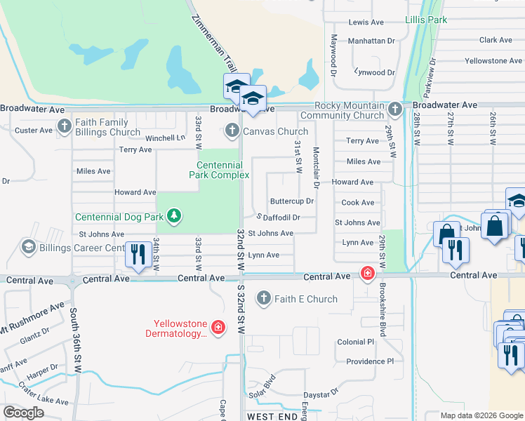 map of restaurants, bars, coffee shops, grocery stores, and more near 332 Morning Glory Dr in Billings