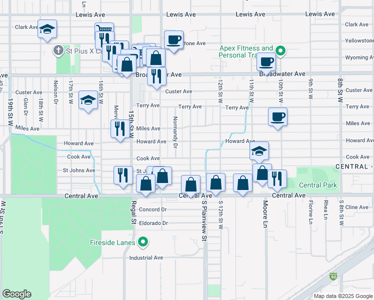 map of restaurants, bars, coffee shops, grocery stores, and more near 210 13th Street West in Billings