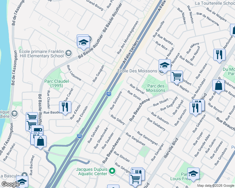 map of restaurants, bars, coffee shops, grocery stores, and more near 883 Rue Soissons in Repentigny