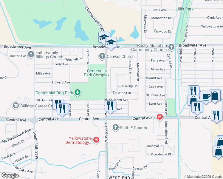 map of restaurants, bars, coffee shops, grocery stores, and more near 332 Morning Glory Dr in Billings
