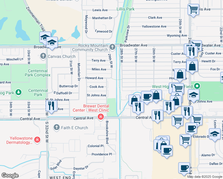 map of restaurants, bars, coffee shops, grocery stores, and more near 221 29th Street West in Billings