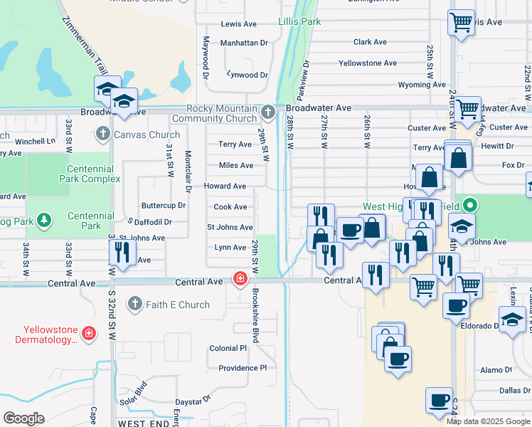 map of restaurants, bars, coffee shops, grocery stores, and more near 221 29th Street West in Billings
