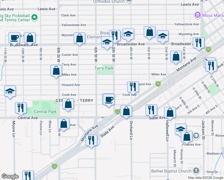 map of restaurants, bars, coffee shops, grocery stores, and more near 210 5th Street West in Billings