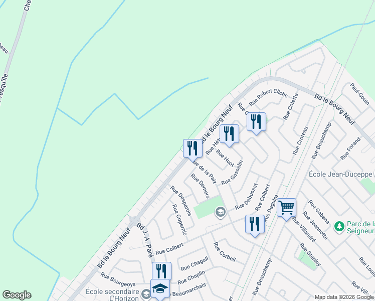 map of restaurants, bars, coffee shops, grocery stores, and more near 715 Boulevard le Bourg Neuf in Repentigny