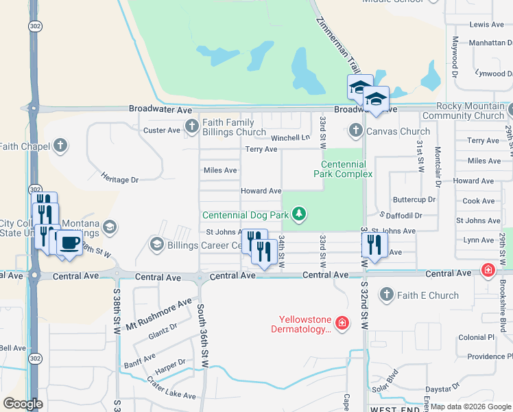 map of restaurants, bars, coffee shops, grocery stores, and more near 3435 Cook Avenue in Billings