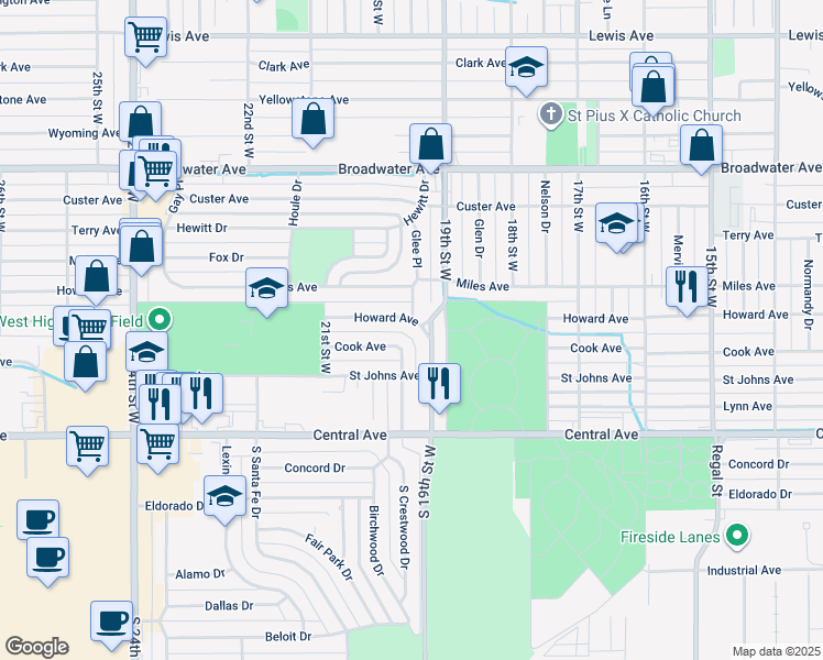 map of restaurants, bars, coffee shops, grocery stores, and more near 1920 Howard Avenue in Billings