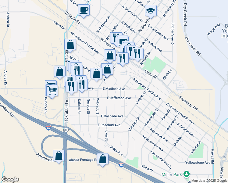 map of restaurants, bars, coffee shops, grocery stores, and more near 105 East Jefferson Avenue in Belgrade