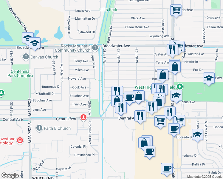 map of restaurants, bars, coffee shops, grocery stores, and more near 2720 Cook Avenue in Billings