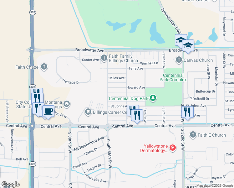 map of restaurants, bars, coffee shops, grocery stores, and more near 3527 Cook Avenue in Billings