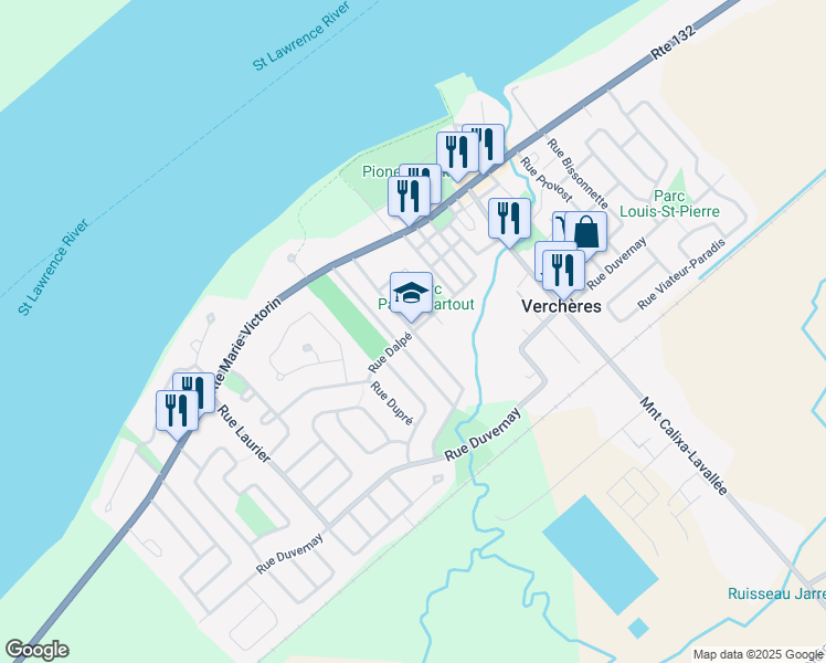 map of restaurants, bars, coffee shops, grocery stores, and more near Rue Saint Alexandre in Verchères