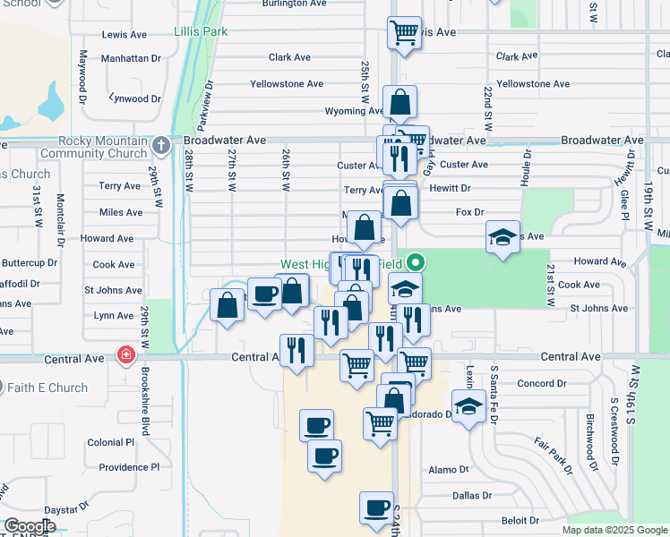 map of restaurants, bars, coffee shops, grocery stores, and more near 2504 Cook Avenue in Billings