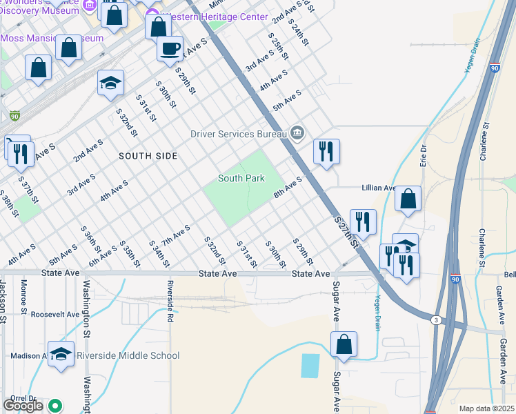 map of restaurants, bars, coffee shops, grocery stores, and more near 2918 8th Ave S in Billings