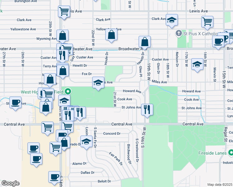 map of restaurants, bars, coffee shops, grocery stores, and more near 2039 Cook Avenue in Billings