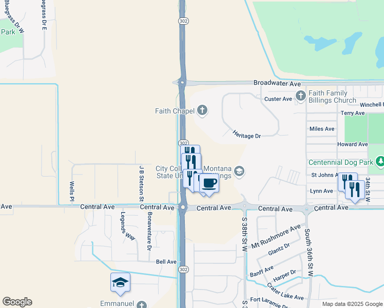 map of restaurants, bars, coffee shops, grocery stores, and more near 177-305 40th Street West in Billings