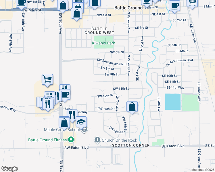 map of restaurants, bars, coffee shops, grocery stores, and more near 312 Southwest 11th Circle in Battle Ground