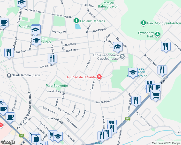map of restaurants, bars, coffee shops, grocery stores, and more near 1230 8e Rue in Saint-Jérôme